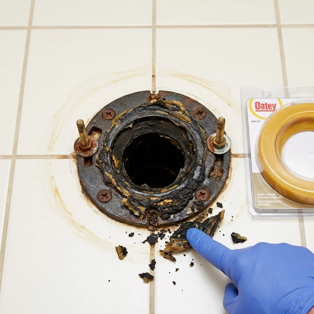 Failed wax ring showing water seepage at the base of a toilet in a Sebring, OH home