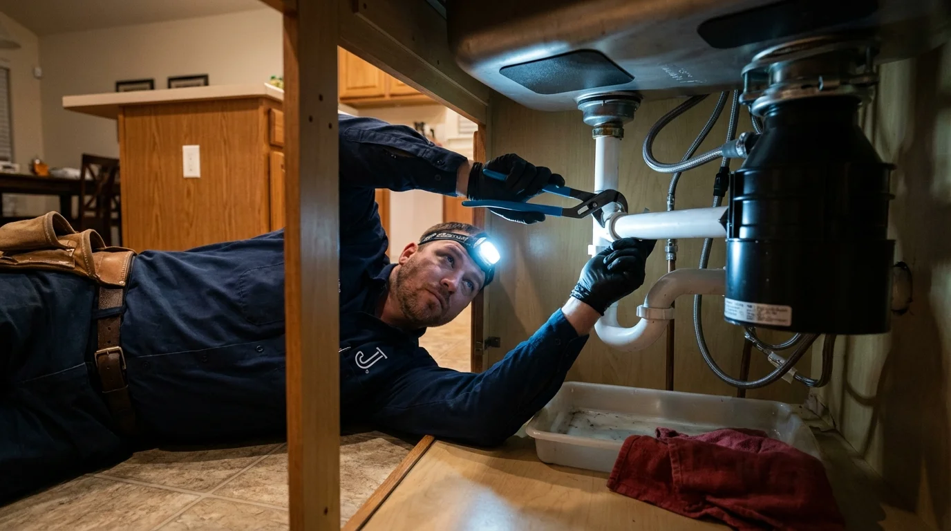 P-trap and supply line connections under a kitchen sink showing a common leak point in Sebring, OH